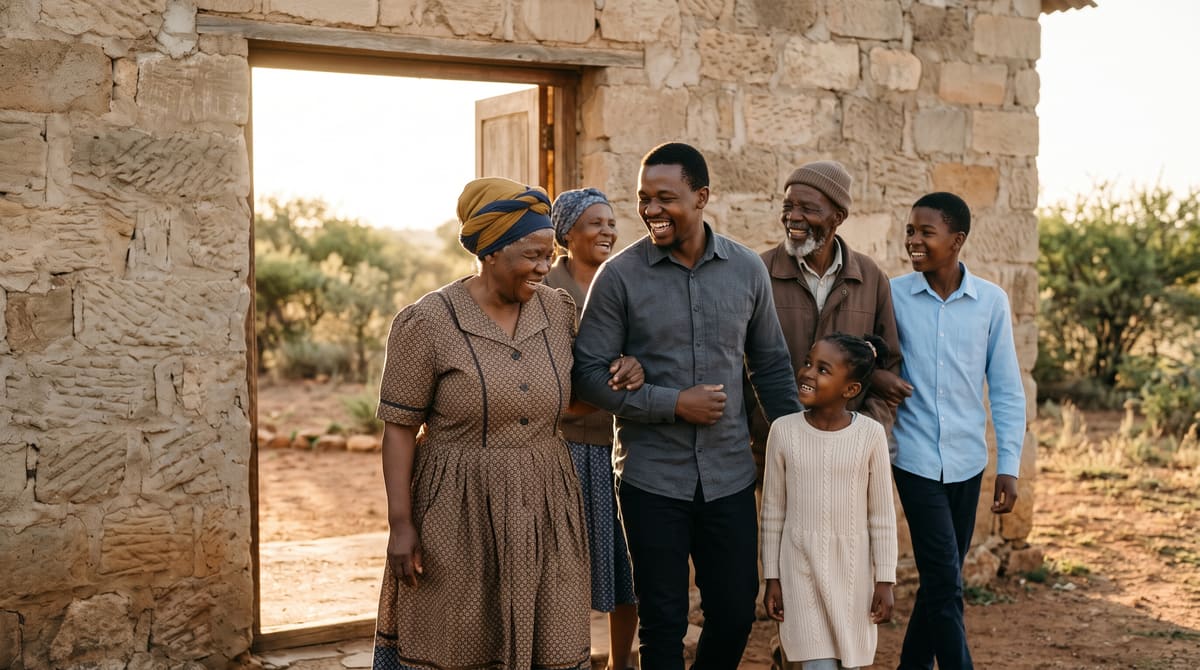 Three generations of a family outside a stone church
