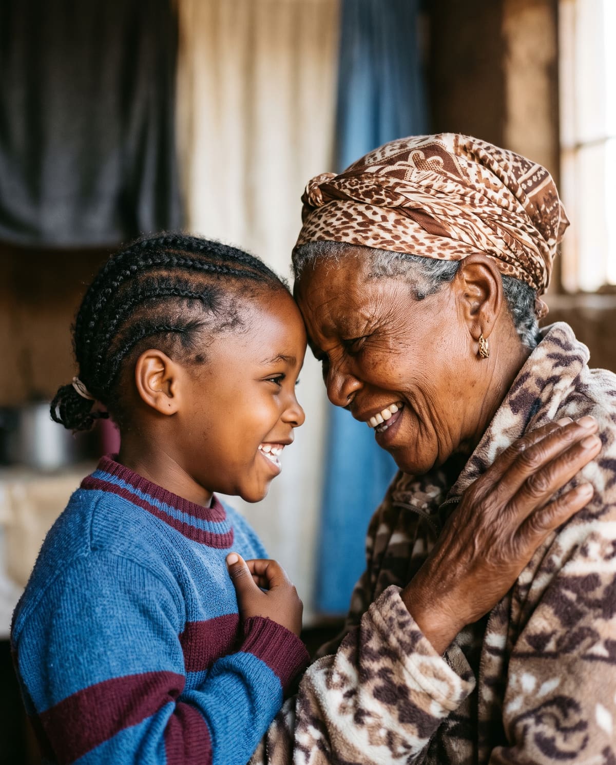 An elderly woman and a young girl laughing together, foreheads touching